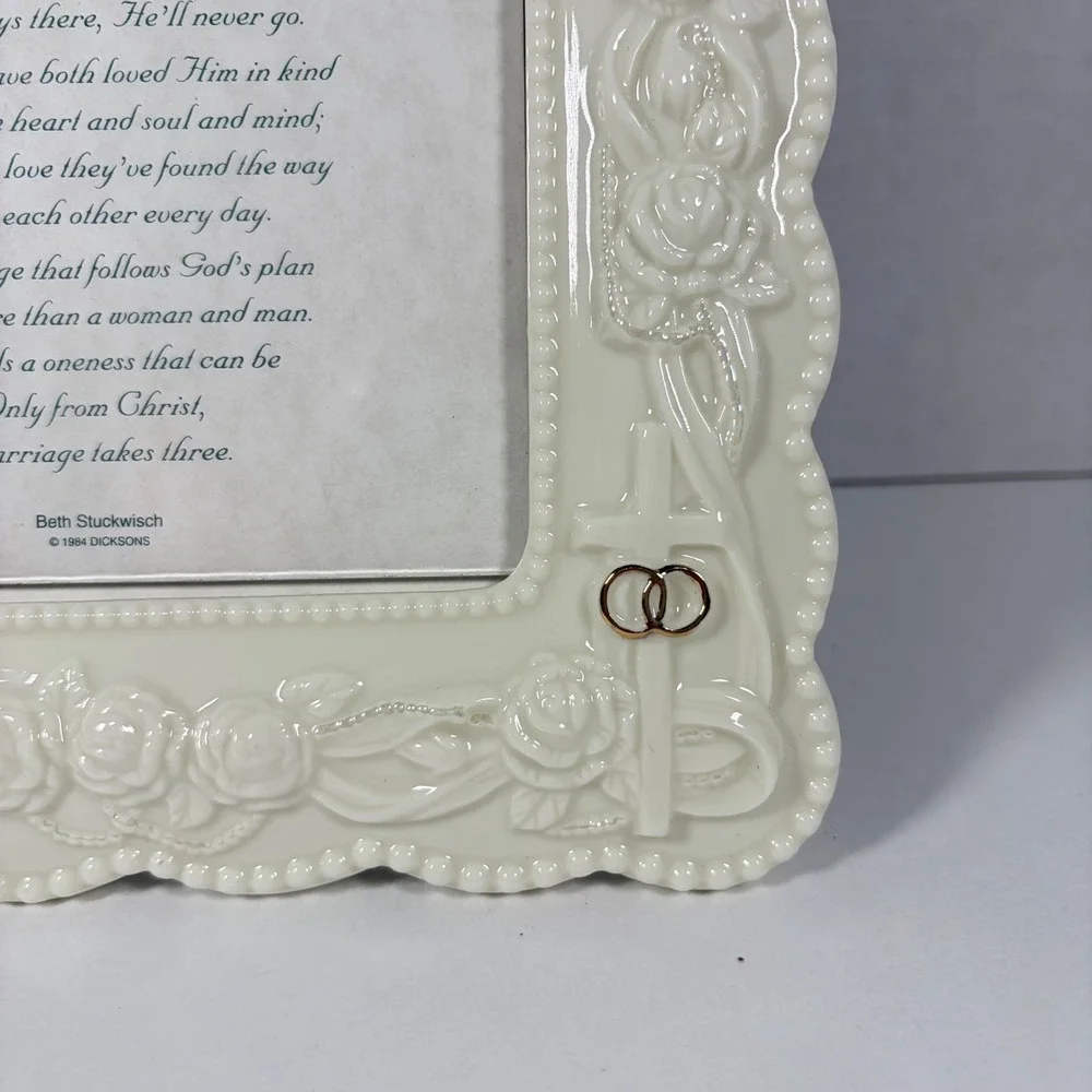 Dicksons Ceramic Wedding Picture Frame Cream Gold Floral Cross Bells Gift